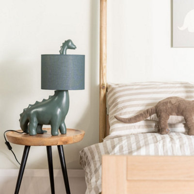 Valuelights Kids Green Dinosaur Bedside Table Lamp With Drum Fabric Shade from B&Q