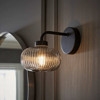 Valuelights Black/Light Amaia Matte Ip44 Rated Single Smoked Ribbed Glass Wall