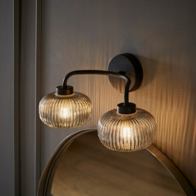 Valuelights Amaia Matte Ip44 Rated 2 Way Smoked Ribbed Glass Wall Black/Light