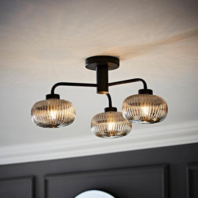 Valuelights Amaia Matte Ip44 Rated 3 Way Smoked Ribbed Glass Ceiling Black/Light