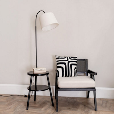 Valuelights Crowther Dark Wood Tripod Storage Floor Lamp With Shelves And Shade