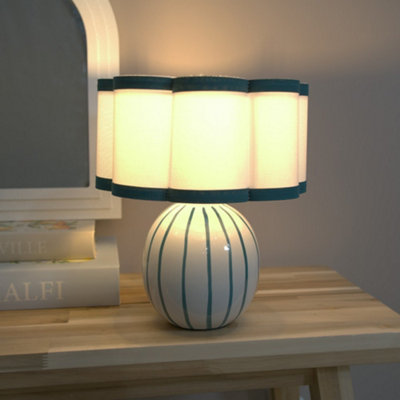 Valuelights Sky Blue Rohan Stripe Ceramic Bedside Table Lamp With Scallop Shade