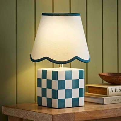 Valuelights Evie Forest Cube Checkered Base Ceramic Table Lamp With Scallop Tapered Shade Green