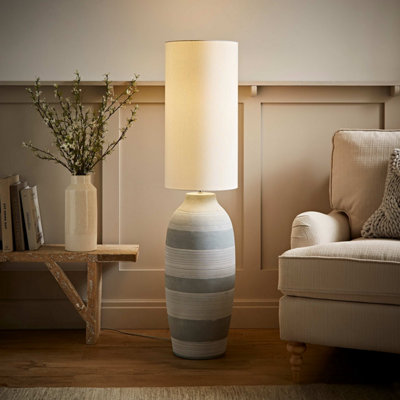 B&Q -  Deegan Grey Cement Effect Ceramic Midi Floor Lamp With Natural Cream Cylinder Shade