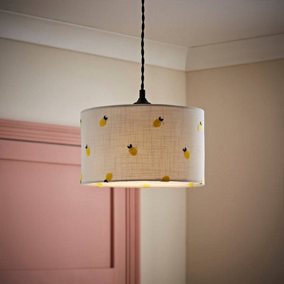 Valuelights Brae Natural White Fabric Lemon Embroidered Small Drum Lamp Shade (D)25Cm from B&Q