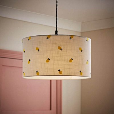 B&Q -  Brae Natural White Fabric Lemon Embroidered Medium Drum Lamp Shade (D)35Cm
