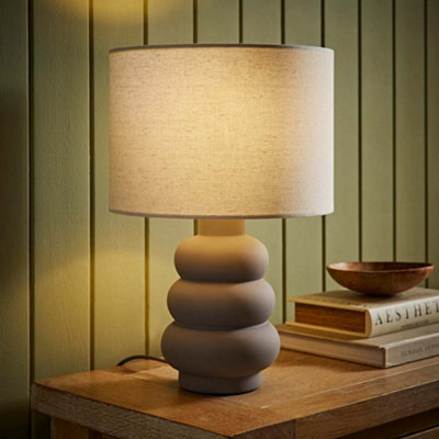 Valuelights Rochelle Natural Linen Drum Shade Grey Bubble Stack Ceramic Stoneware Table Lamp from B&Q