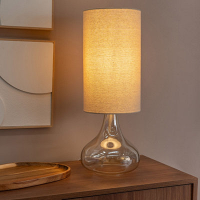 B&Q -  Sylvie Natural Linen Tall Lamp Shade Amber Glass Squat Table Lamp
