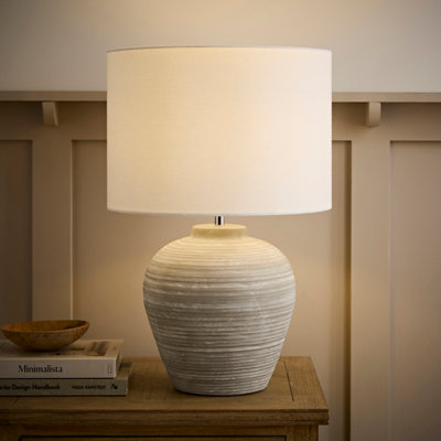 Valuelights Reid Linen Drum Lamp Shade Stone Ribbed Ceramic Large Table Lamp Grey