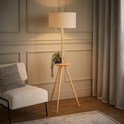 Valuelights Desmond Side Table Wood Tripod Floor Lamp With Linen Shade from B&Q