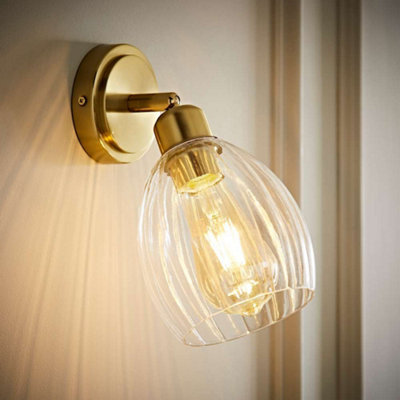 B&Q -  Cheltenham Brushed Gold Adjustable Wall Spotlight With Ribbed Shade