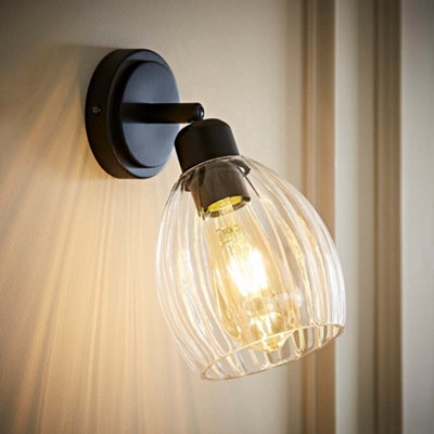 Valuelights Black Cheltenham Matte Adjustable Wall Spotlight With Ribbed Shade