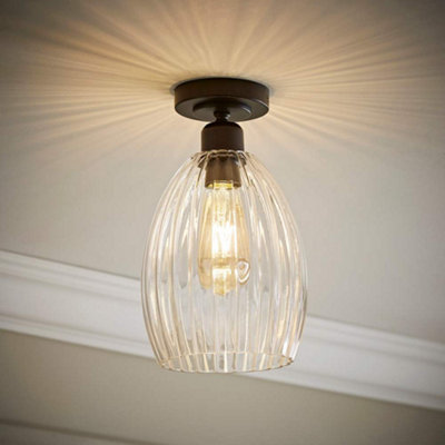 B&Q -  Cheltenham Matte Black Flush Ceiling Light With Ribbed Shade