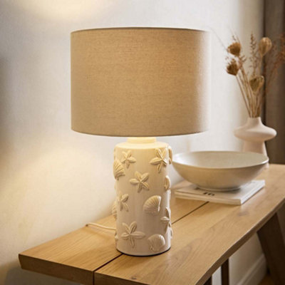 Valuelights Selene Linen Shade Ceramic Embossed Seashell Table Lamp from B&Q