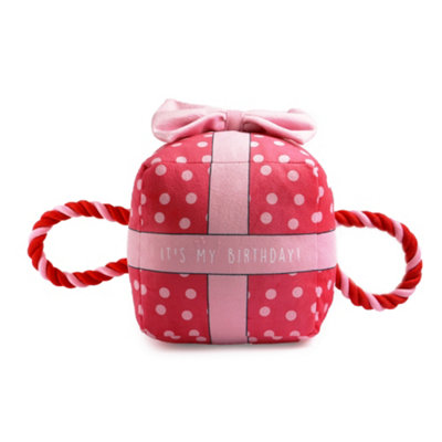 Ancol Its My Birthday Present Pink Dog Tugging Rope Toy Squeaky Pet Puppy Plushie Large from B&Q