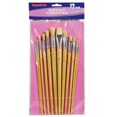 Supadec Artist Paint Brush SetPack Of 12 Wooden Handle BrushesWhite BristlesIdeal For Acrylic & Watercolour Detail Work from B&Q