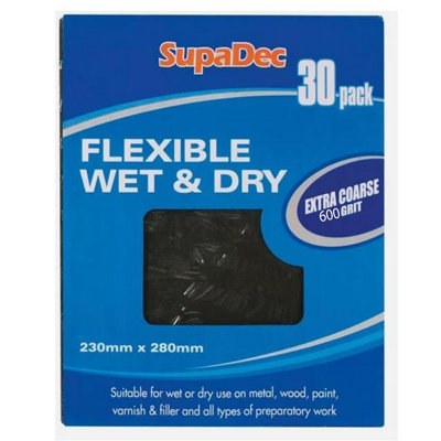 Supadec Flexible Wet & Dry Sandpaper Extra Fine 600 GritWaterproof Abrasive Sheets For MetalWoodPaint & FillerPack Of 30 from B&Q