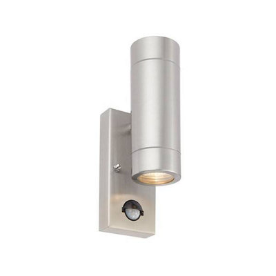 Luminosa Lighting Luminosa Palin 2 Light Outdoor Pir Up Down Wall Light Brushed Stainless SteelGlass Ip44Gu10 from B&Q