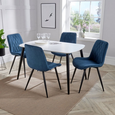 Core Products Aspen White 120Cm Rectangular Dining Table With 4 Blue Cord Fabric Diamond Stitch Design Chairs from B&Q
