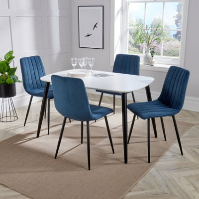 Core Products Aspen White 120Cm Rectangular Dining Table With 4 Blue Cord Fabric Straight Stitch Design Chairs from B&Q