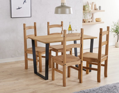 B&Q -  Texas Antique Waxed Pine 118Cm Rectangular Dining Table With 4 ChairsRustic Solid Wood Farmhouse Dining Set