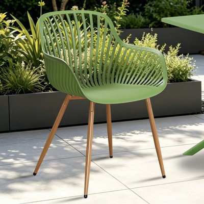 Core Products Pair Of Sunray Garden Bistro Arm Chairs Moss Green With Wood Effect Legs