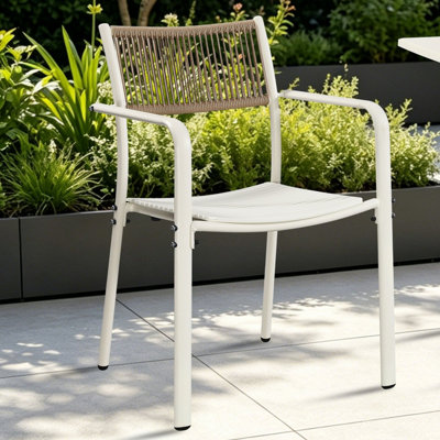 Core Products Pair Of Rope Back Effect  Garden Bistro Metal Arm ChairsWhite