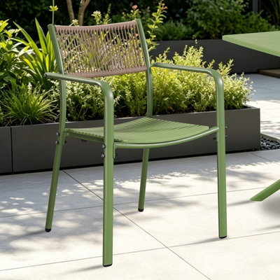 Core Products Pair Of Rope Back Effect Garden Bistro Metal Arm ChairsMoss Green