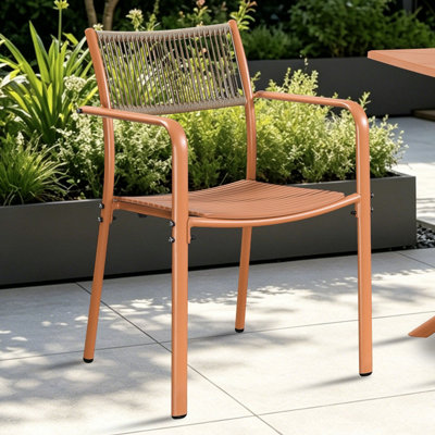 Core Products Pair Of Rope Back Effect  Garden Bistro Metal Arm ChairsTerracotta