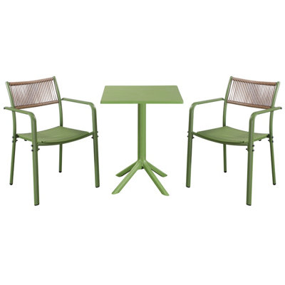 Core Products 3 Piece Square Garden Bistro Set In Moss GreenIncludes Pair Of Rope Back Armchairs And Plastic Table