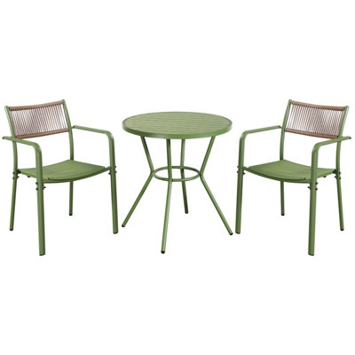 Core Products 3 Piece Round Garden Bistro Set In Moss GreenIncludes Pair Of Rope Back Armchairs And Plastic Table