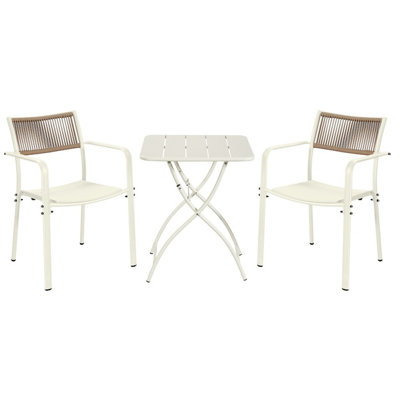 Core Products 3 Piece Square Garden Bistro Set In WhiteIncludes Pair Of Rope Back Armchairs And Metal Folding Table