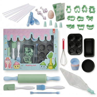 B&Q -  59 Piece Real Baking Set Junior Chef Kids Baking Supplies Kit With Tins Moulds Cookie Cutters Measuring Spoon Icing For Cake Bread