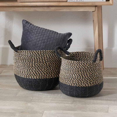 Pacific Lifestyle Two-Tone Natural And Black Seagrass Baskets With Handles  Set Of 2 from B&Q