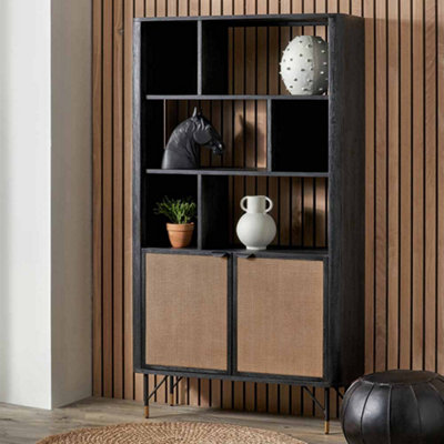 Pacific Lifestyle Fiji Black Acacia Wood Shelving Unit Natural Rattan 2 Door 6 Shelves