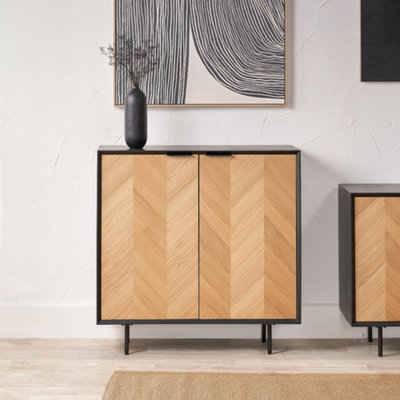 Pacific Lifestyle 2 Door Black And Natural Chevron Oak And Pine Wood Bar Cabinet