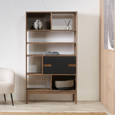 B&Q -  7 Tier Shelf Black And Natural Acacia Wooden Bookcase 2 Drawer