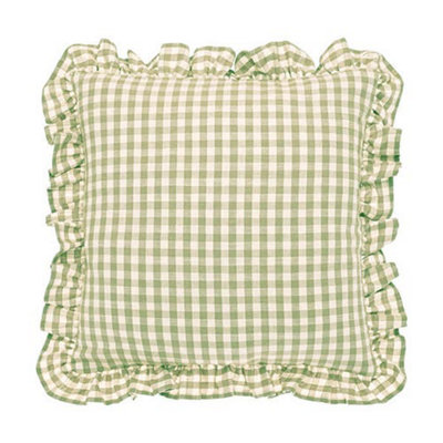 Walton & Co Gingham Pale Olive Ruffle Square Poly Fill Cushion from B&Q