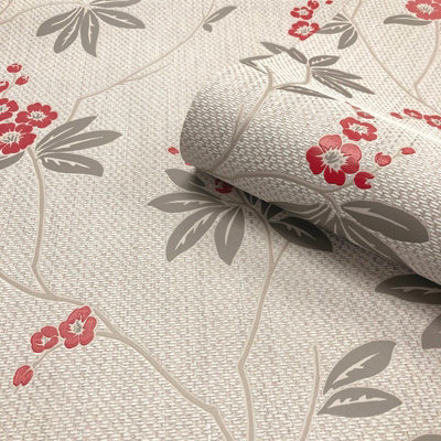 Belgravia Décor Amelie Blossom Beige/red Wallpaper from B&Q