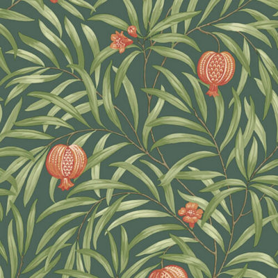 Belgravia Pomegranate Botanical Leaf Deep Green Orange Wallpaper P9613 from B&Q
