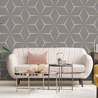 Harper Geometric Wallpaper Yellow / Grey Belgravia 9740 from B&Q