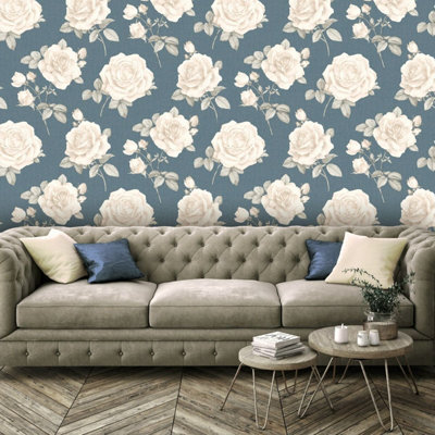 Rosa Floral Wallpaper Navy / Cream Belgravia 9764 from B&Q
