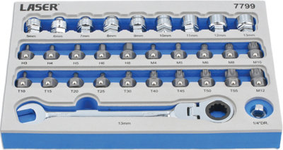 Laser Tools 7799 31Pc Low Profile Bit & Go Thru Alldrive Socket Set 1/4"D Size 1