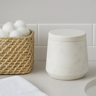 Orsina Off White Marble Cotton Swab Holder With LidCotton Bud Container For Vanity UseCotton Bud Dispenser from B&Q
