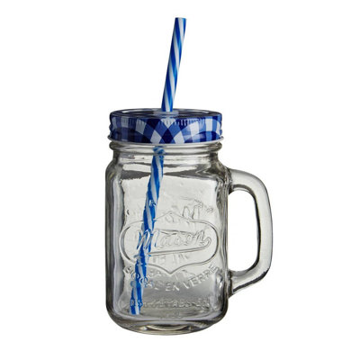 Orsina Versatile Embossed Coloured Mason Jar Mug With Blue Gingham LidEmbossed Glass Bottle With Metal Lid from B&Q