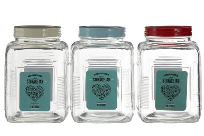 Orsina Luca Assorted Square Clear Glass Large Storage Jar2L CapacityColourful Screw-On Iron Lid from B&Q