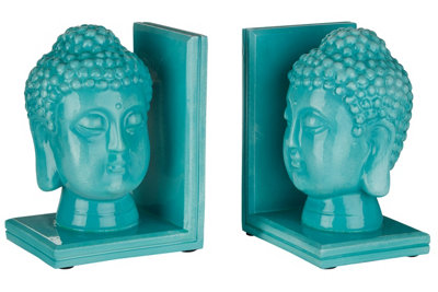 Premier Housewares Interiors By Premier Piper Set Of Turquoise Buddha Head Bookends from B&Q