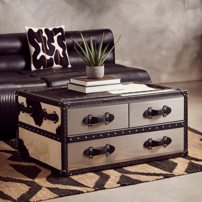 Orsina Black & White Genuine Cowhide Coffee Table,rectangular Table With Three Drawers,table With Leather Handles from B&Q
