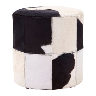 Premier Housewares Interiors By Premier Black And White Genuine Cowhide Ottoman,pouffe Stool With Black Stitching & Soft Padding,round Footstool from B&Q