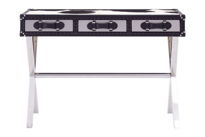 Orsina Black & White Genuine Cowhide Console Table,3 Drawer Table With Crossed Legs,table With Leather Handles from B&Q